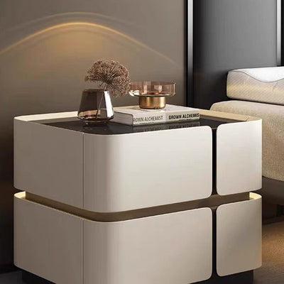 Contemporary Scandinavian Square Glass Microfiber Leather Pine Wood MDF Solid Wood Multi-layer Board Nightstand 2-Drawer For Bedroom