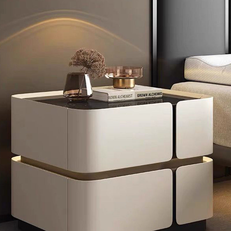 Contemporary Scandinavian Square Glass Microfiber Leather Pine Wood MDF Solid Wood Multi-layer Board Nightstand 2-Drawer For Bedroom