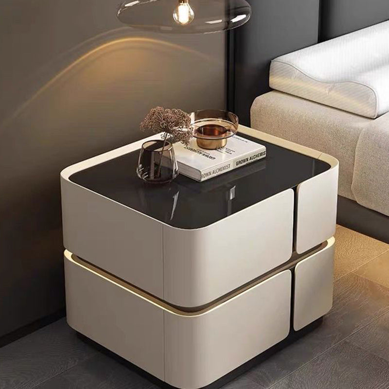 Contemporary Scandinavian Square Glass Microfiber Leather Pine Wood MDF Solid Wood Multi-layer Board Nightstand 2-Drawer For Bedroom