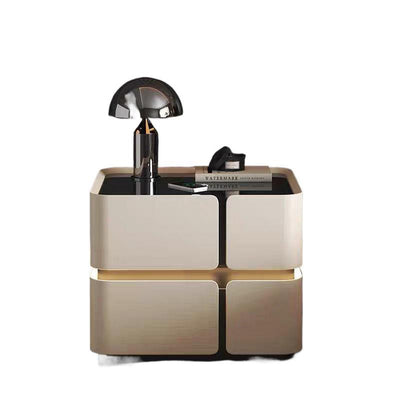 Contemporary Scandinavian Square Glass Microfiber Leather Pine Wood MDF Solid Wood Multi-layer Board Nightstand 2-Drawer For Bedroom