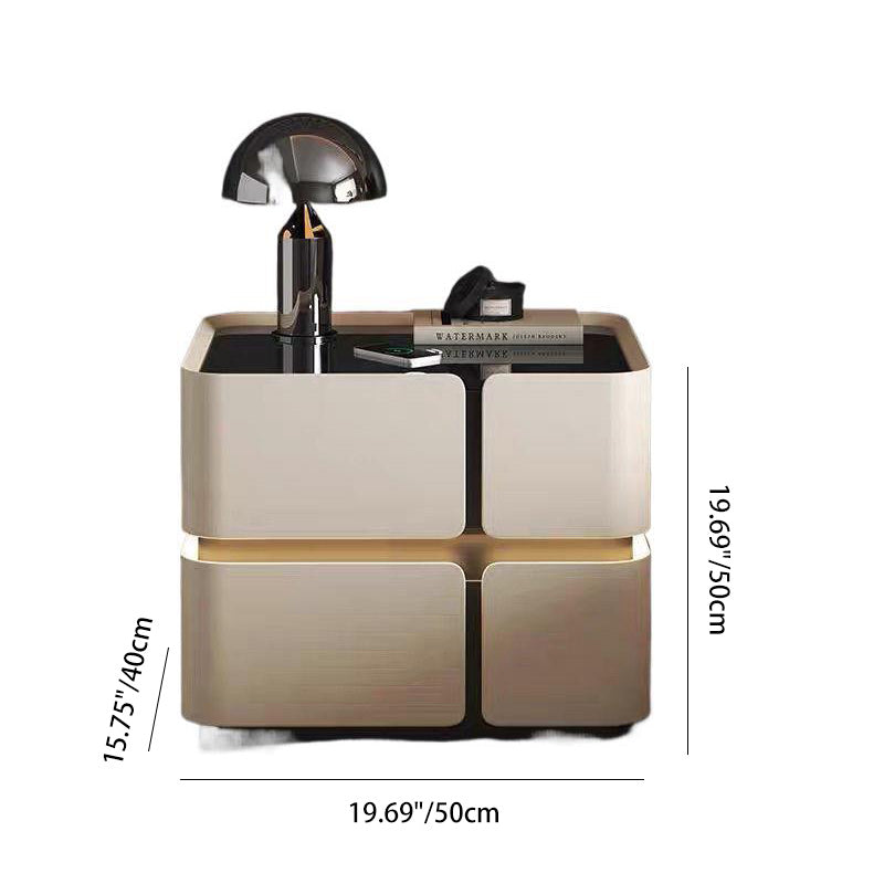 Contemporary Scandinavian Square Glass Microfiber Leather Pine Wood MDF Solid Wood Multi-layer Board Nightstand 2-Drawer For Bedroom