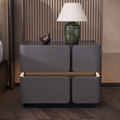 Contemporary Scandinavian Square Glass Microfiber Leather Pine Wood MDF Solid Wood Multi-layer Board Nightstand 2-Drawer For Bedroom