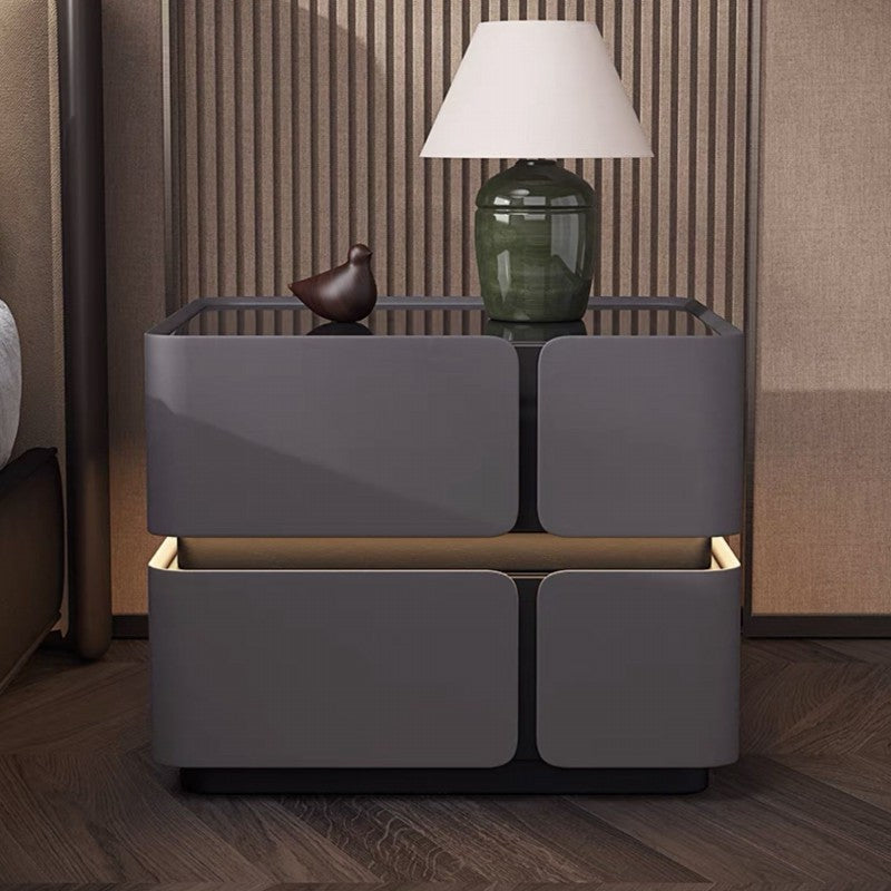 Contemporary Scandinavian Square Glass Microfiber Leather Pine Wood MDF Solid Wood Multi-layer Board Nightstand 2-Drawer For Bedroom