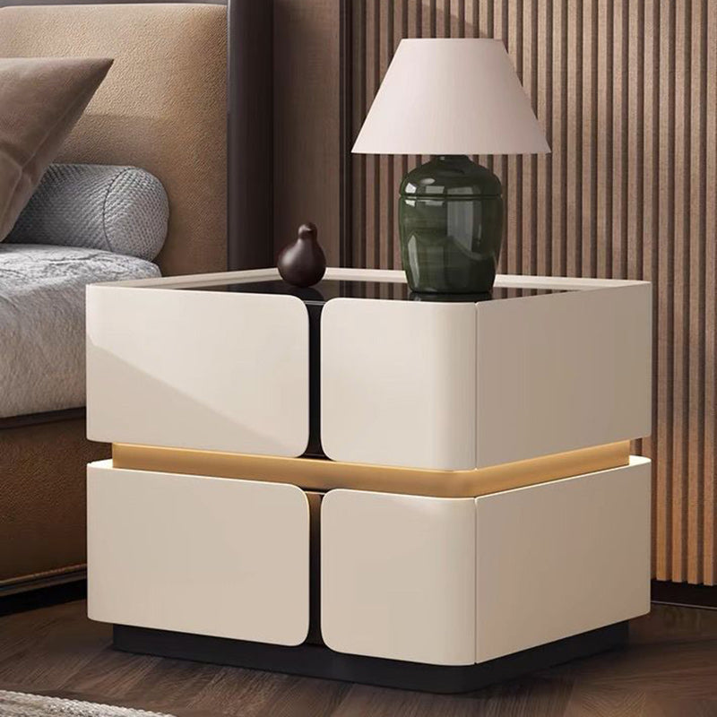 Contemporary Scandinavian Square Glass Microfiber Leather Pine Wood MDF Solid Wood Multi-layer Board Nightstand 2-Drawer For Bedroom