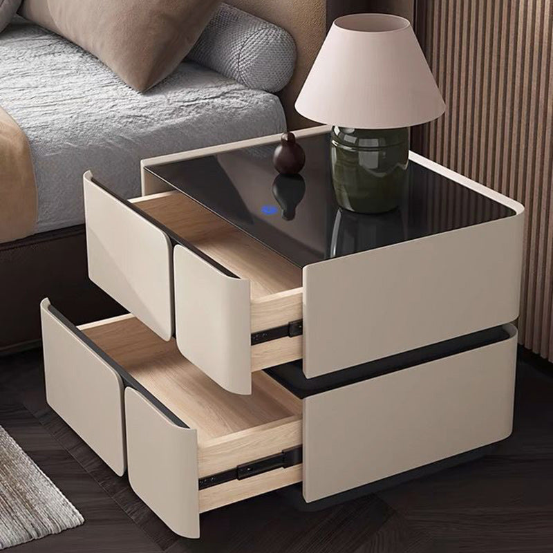 Contemporary Scandinavian Square Glass Microfiber Leather Pine Wood MDF Solid Wood Multi-layer Board Nightstand 2-Drawer For Bedroom