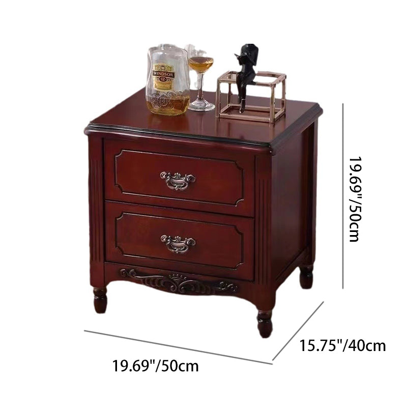 Traditional Vintage Rectangular Rubberwood MDF Plywood Nightstand 2-Drawer For Bedroom
