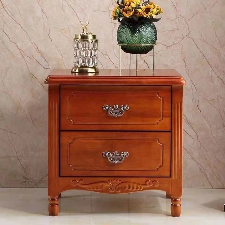 Traditional Vintage Rectangular Rubberwood MDF Plywood Nightstand 2-Drawer For Bedroom