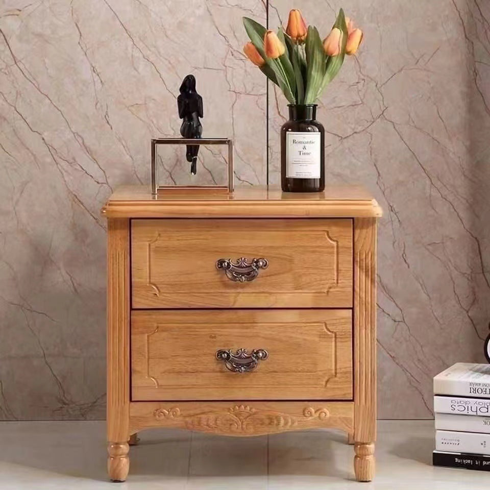 Traditional Vintage Rectangular Rubberwood MDF Plywood Nightstand 2-Drawer For Bedroom