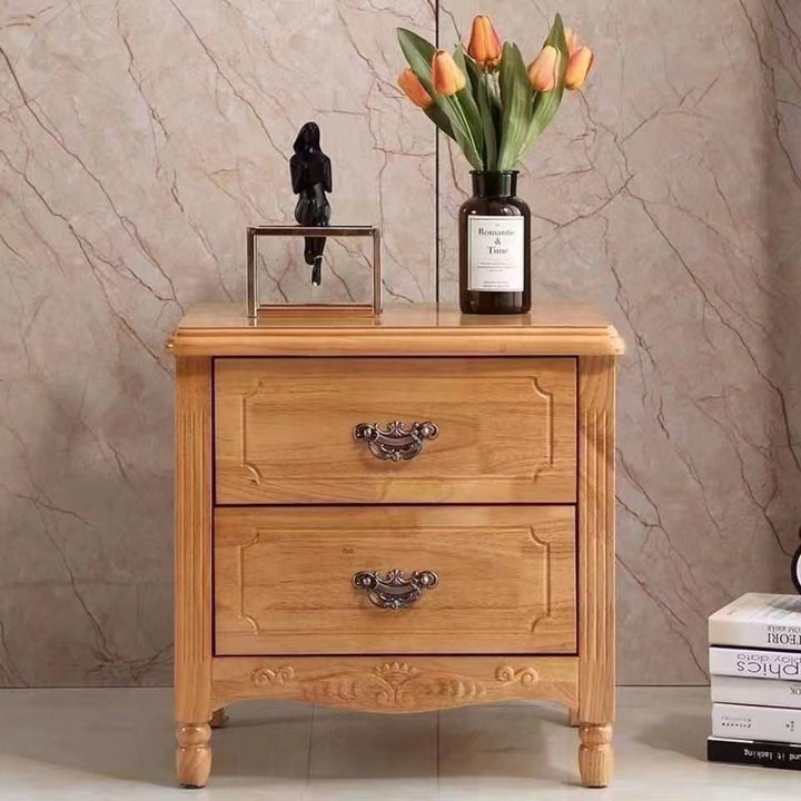 Traditional Vintage Rectangular Rubberwood MDF Plywood Nightstand 2-Drawer For Bedroom