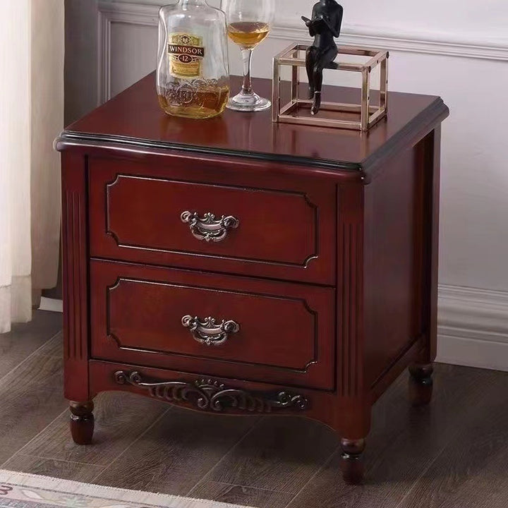 Traditional Vintage Rectangular Rubberwood MDF Plywood Nightstand 2-Drawer For Bedroom
