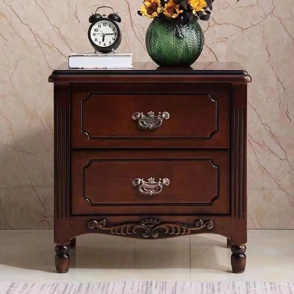 Traditional Vintage Rectangular Rubberwood MDF Plywood Nightstand 2-Drawer For Bedroom
