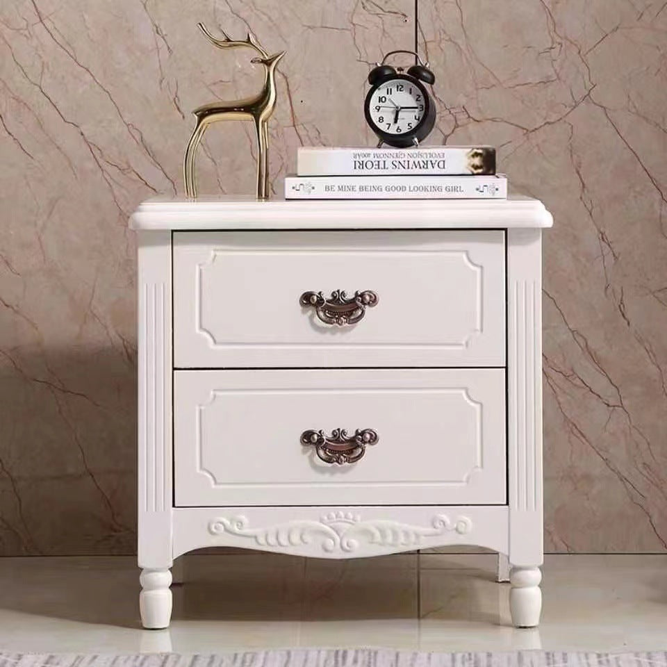 Traditional Vintage Rectangular Rubberwood MDF Plywood Nightstand 2-Drawer For Bedroom