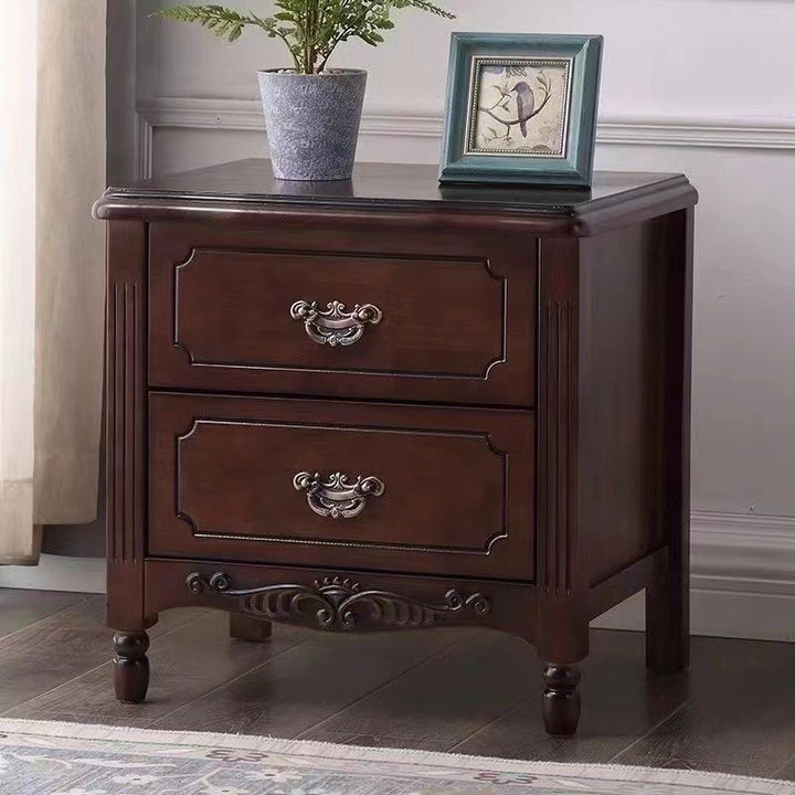 Traditional Vintage Rectangular Rubberwood MDF Plywood Nightstand 2-Drawer For Bedroom