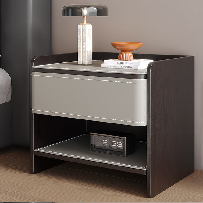 Modern Minimalist Square Solid Wood Multi-layer Board Saddle Leather Pine Wood Nightstand 1-Drawer For Bedroom