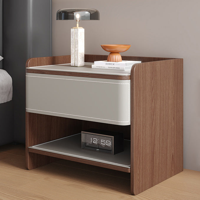 Modern Minimalist Square Solid Wood Multi-layer Board Saddle Leather Pine Wood Nightstand 1-Drawer For Bedroom