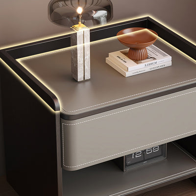 Modern Minimalist Square Solid Wood Multi-layer Board Saddle Leather Pine Wood Nightstand 1-Drawer For Bedroom