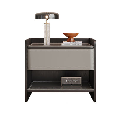 Modern Minimalist Square Solid Wood Multi-layer Board Saddle Leather Pine Wood Nightstand 1-Drawer For Bedroom