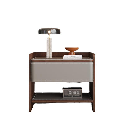 Modern Minimalist Square Solid Wood Multi-layer Board Saddle Leather Pine Wood Nightstand 1-Drawer For Bedroom