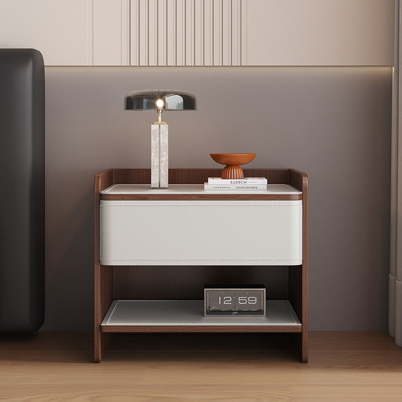 Modern Minimalist Square Solid Wood Multi-layer Board Saddle Leather Pine Wood Nightstand 1-Drawer For Bedroom