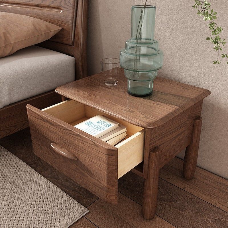 Contemporary Scandinavian Square Ash Wood Solid Wood Multi-layer Board Nightstand 1-Drawer For Bedroom