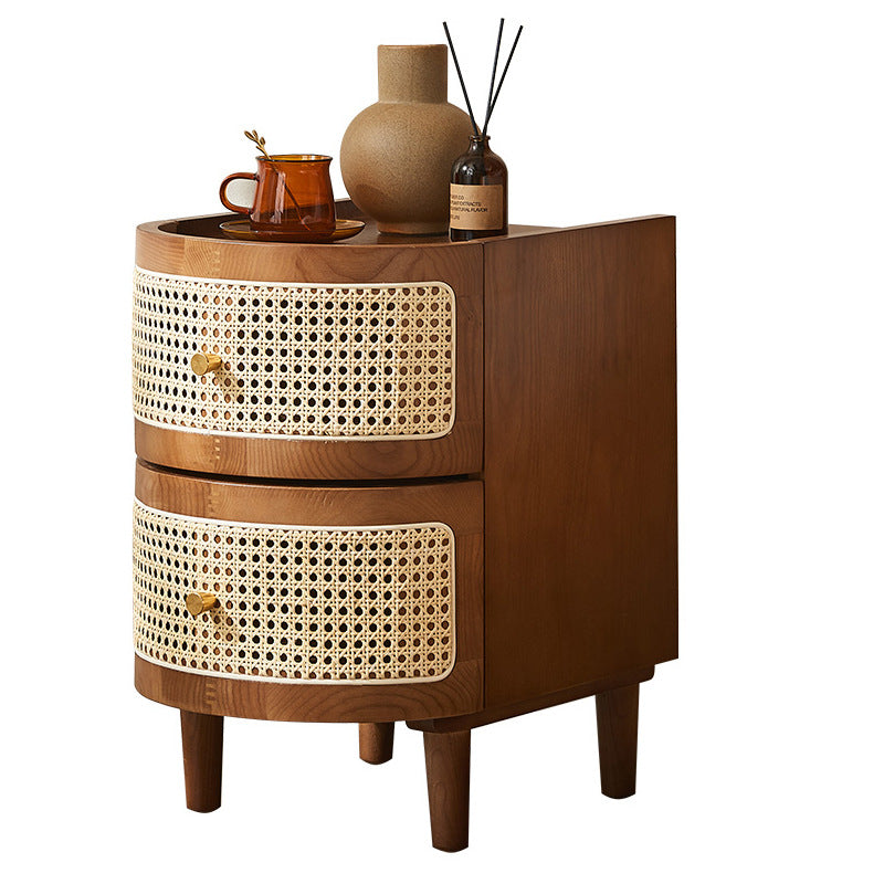 Table de chevet à 2 tiroirs en bois massif courbé vintage traditionnel, panneau multicouche en bois massif, tressage plastique, pour chambre à coucher 