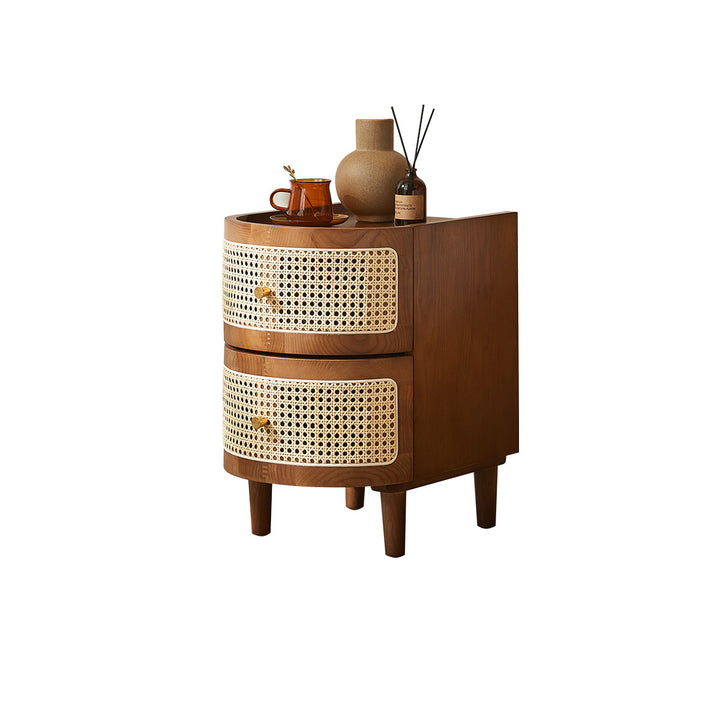 Table de chevet à 2 tiroirs en bois massif courbé vintage traditionnel, panneau multicouche en bois massif, tressage plastique, pour chambre à coucher 