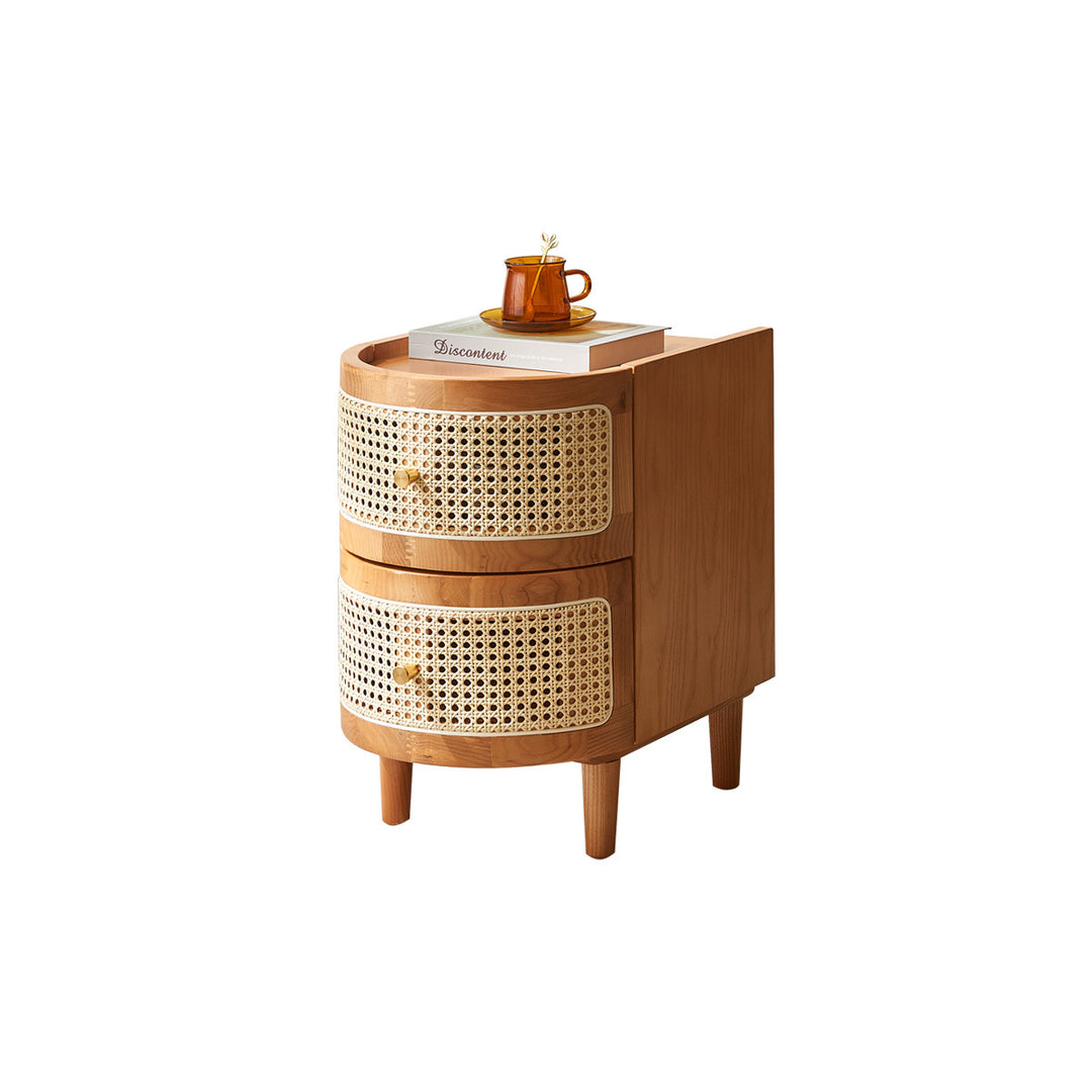 Table de chevet à 2 tiroirs en bois massif courbé vintage traditionnel, panneau multicouche en bois massif, tressage plastique, pour chambre à coucher 