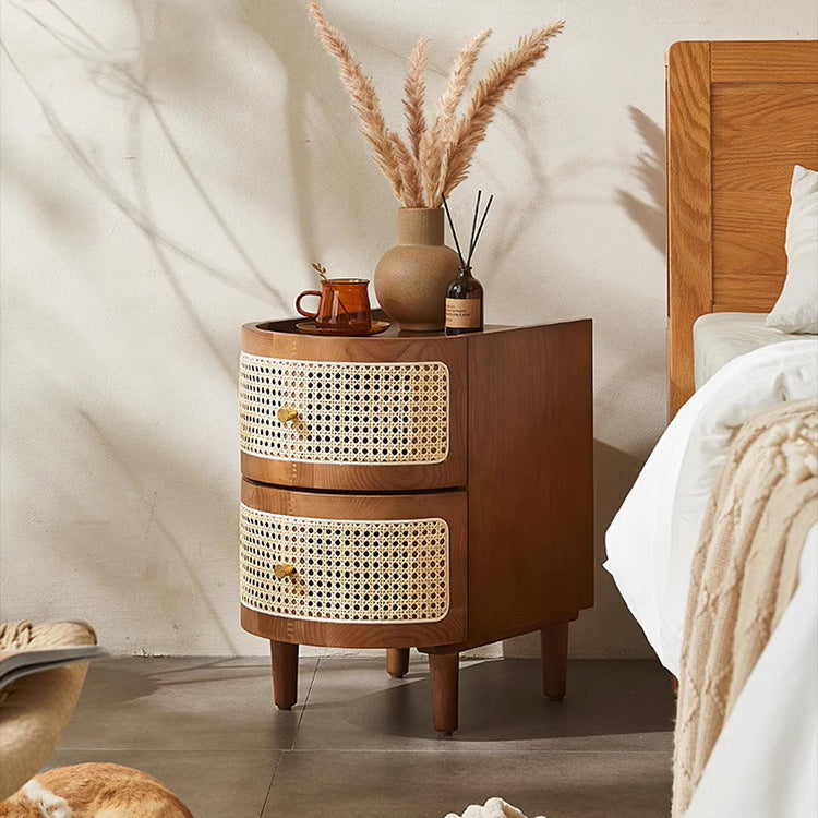 Table de chevet à 2 tiroirs en bois massif courbé vintage traditionnel, panneau multicouche en bois massif, tressage plastique, pour chambre à coucher 