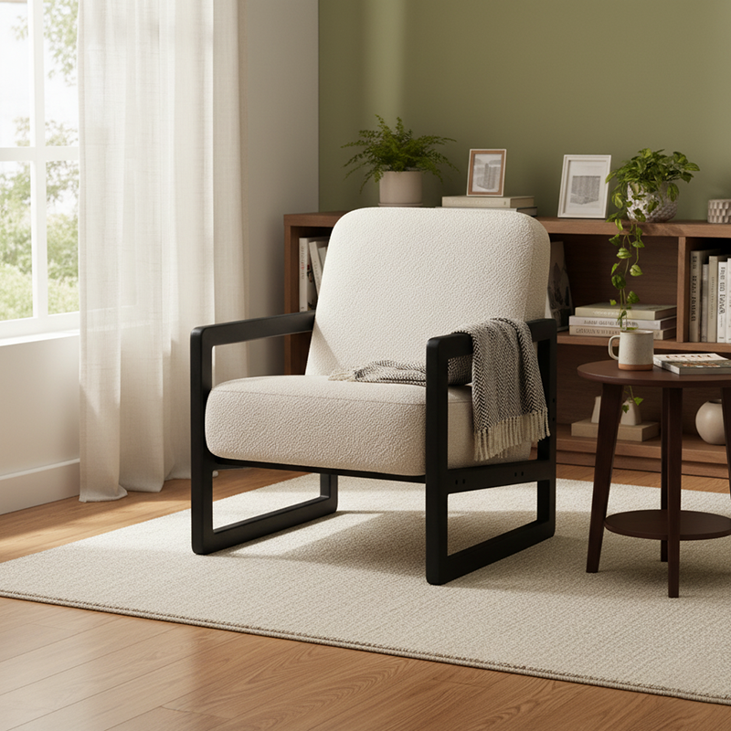 Traditional Vintage Linen Lamb Fleece Poplar Plywood Sponge Curved Accent Chair Backrest Armrest For Living Room