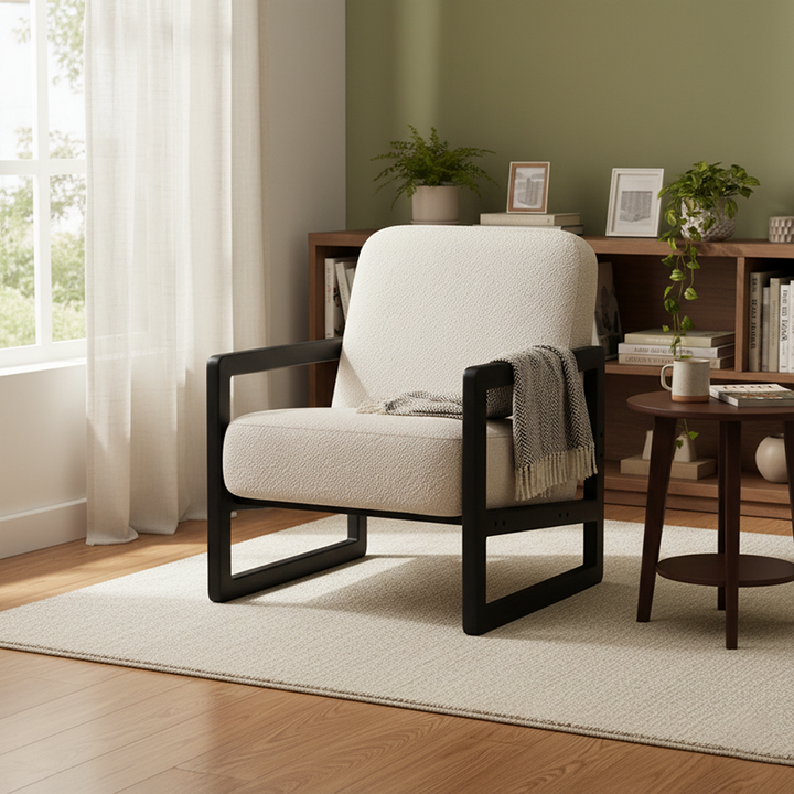 Traditional Vintage Linen Lamb Fleece Poplar Plywood Sponge Curved Accent Chair Backrest Armrest For Living Room