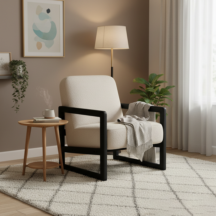 Traditional Vintage Linen Lamb Fleece Poplar Plywood Sponge Curved Accent Chair Backrest Armrest For Living Room