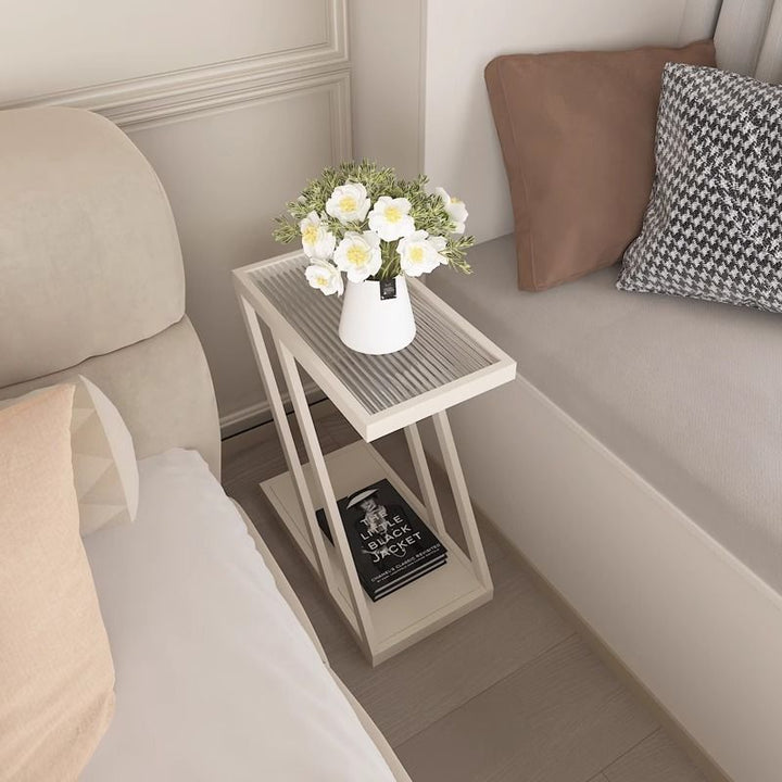 Modern Minimalist Rectangular Glass Iron Movable Side Table 2-Tier For Living Room
