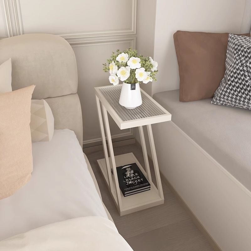 Modern Minimalist Rectangular Glass Iron Movable Side Table 2-Tier For Living Room