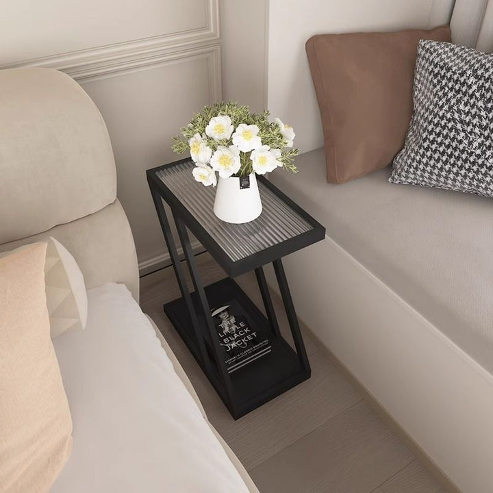 Modern Minimalist Rectangular Glass Iron Movable Side Table 2-Tier For Living Room
