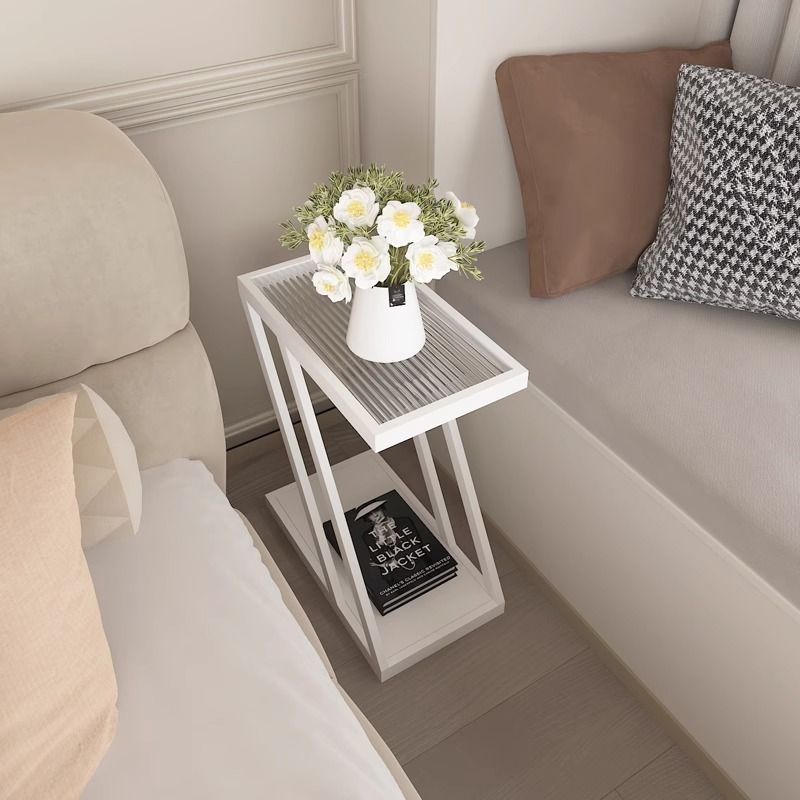 Modern Minimalist Rectangular Glass Iron Movable Side Table 2-Tier For Living Room