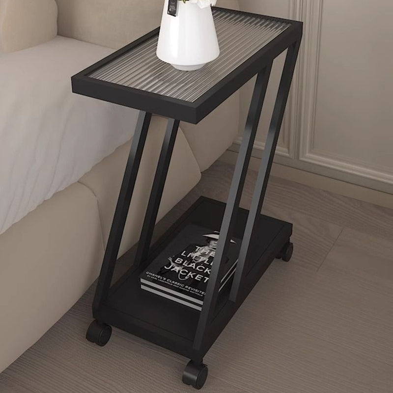 Modern Minimalist Rectangular Glass Iron Movable Side Table 2-Tier For Living Room