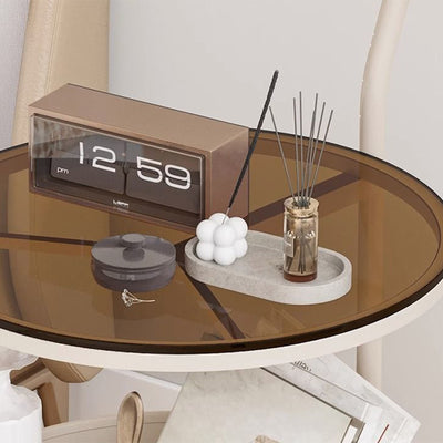 Modern Minimalist Round Glass Faux Leather Iron Frame Movable Side Table 2-Tier For Living Room