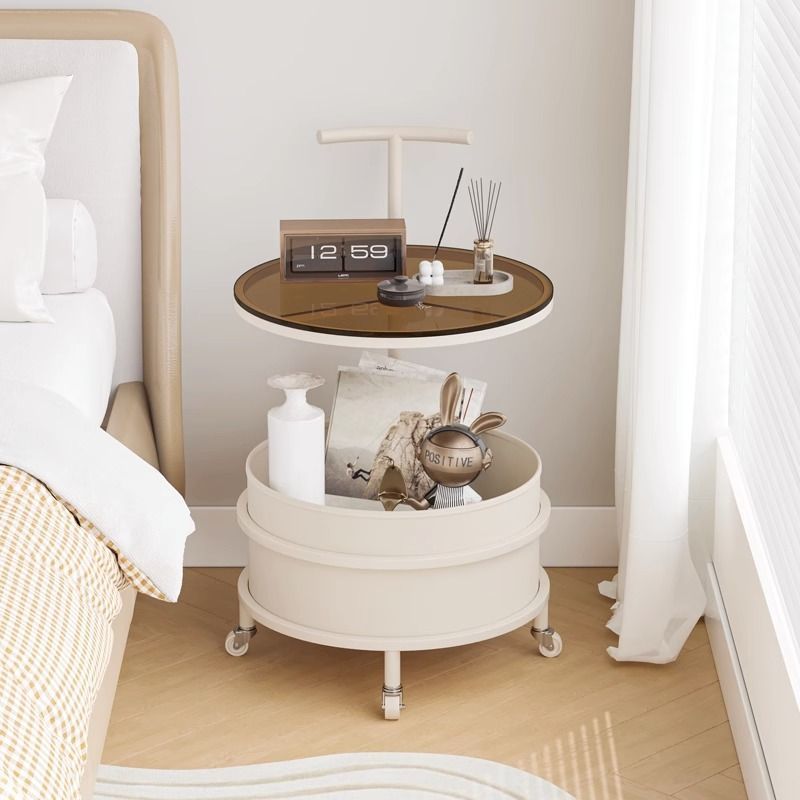 Modern Minimalist Round Glass Faux Leather Iron Frame Movable Side Table 2-Tier For Living Room