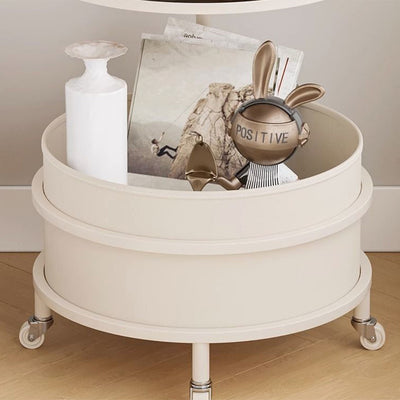 Modern Minimalist Round Glass Faux Leather Iron Frame Movable Side Table 2-Tier For Living Room