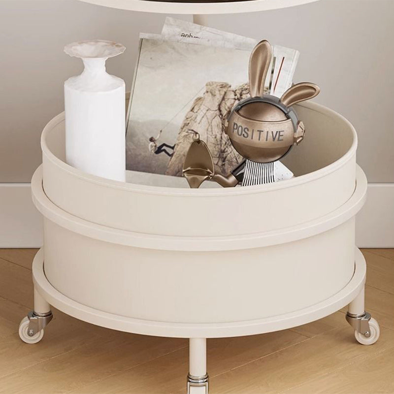 Modern Minimalist Round Glass Faux Leather Iron Frame Movable Side Table 2-Tier For Living Room