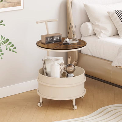 Modern Minimalist Round Glass Faux Leather Iron Frame Movable Side Table 2-Tier For Living Room