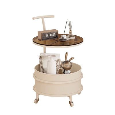 Modern Minimalist Round Glass Faux Leather Iron Frame Movable Side Table 2-Tier For Living Room