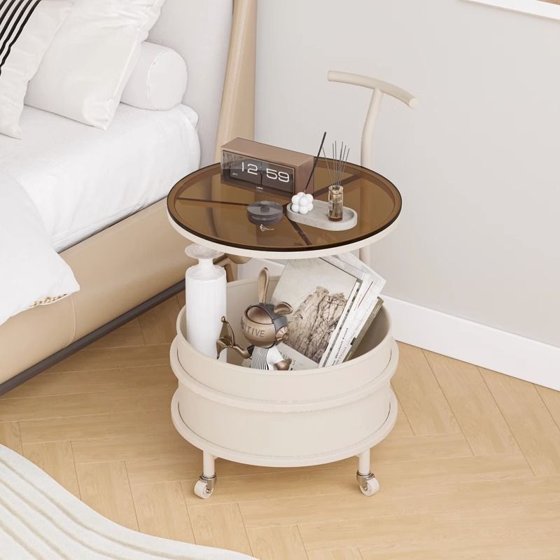 Modern Minimalist Round Glass Faux Leather Iron Frame Movable Side Table 2-Tier For Living Room