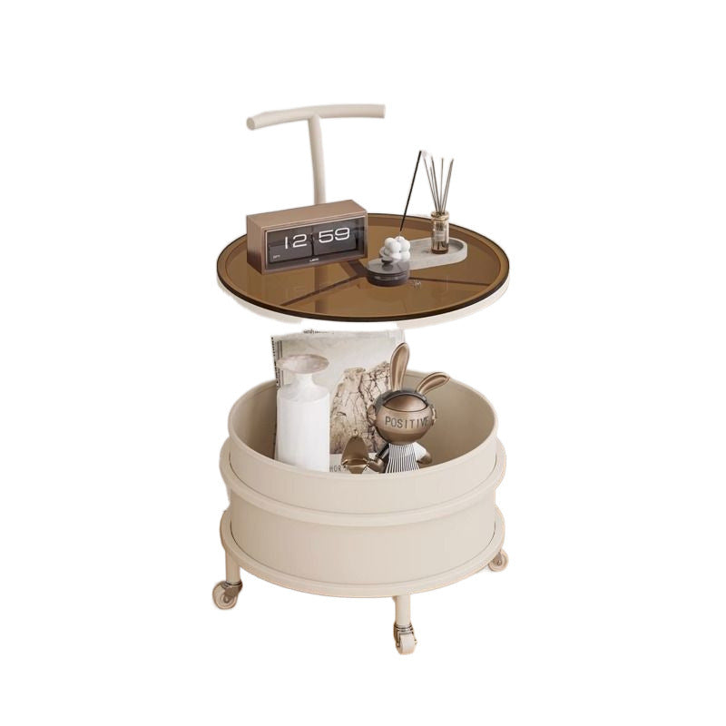 Modern Minimalist Round Glass Faux Leather Iron Frame Movable Side Table 2-Tier For Living Room