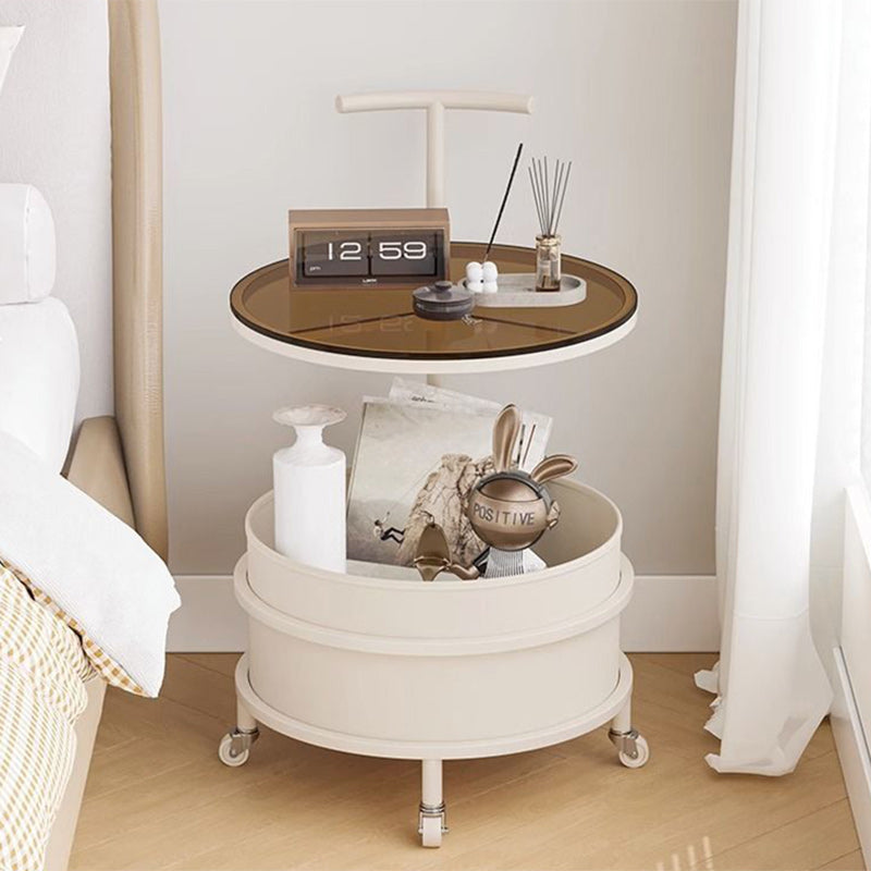 Modern Minimalist Round Glass Faux Leather Iron Frame Movable Side Table 2-Tier For Living Room