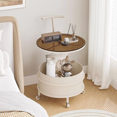 Modern Minimalist Round Glass Faux Leather Iron Frame Movable Side Table 2-Tier For Living Room