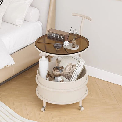 Modern Minimalist Round Glass Faux Leather Iron Frame Movable Side Table 2-Tier For Living Room