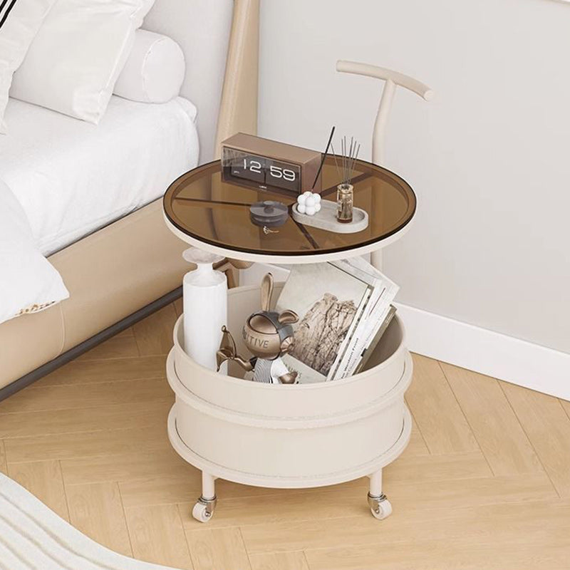 Modern Minimalist Round Glass Faux Leather Iron Frame Movable Side Table 2-Tier For Living Room