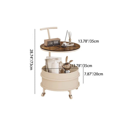 Modern Minimalist Round Glass Faux Leather Iron Frame Movable Side Table 2-Tier For Living Room
