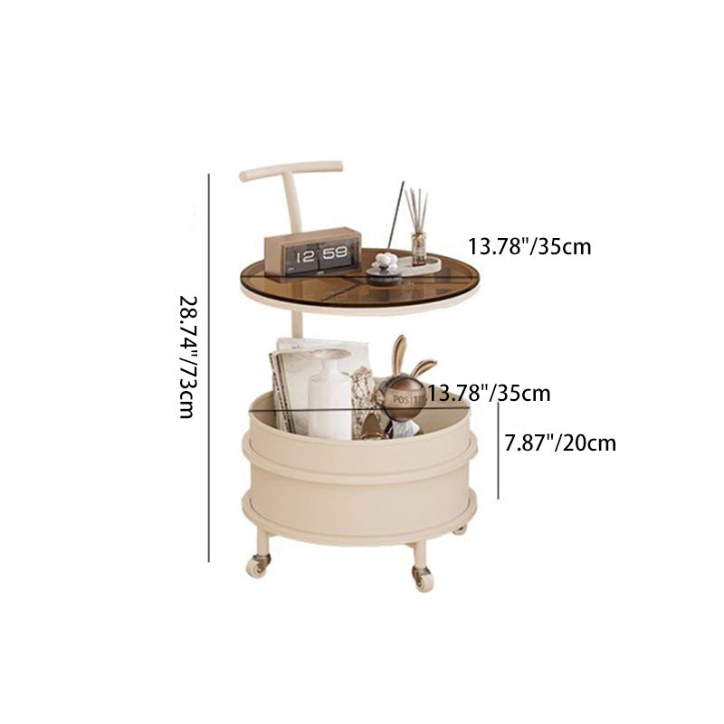 Modern Minimalist Round Glass Faux Leather Iron Frame Movable Side Table 2-Tier For Living Room